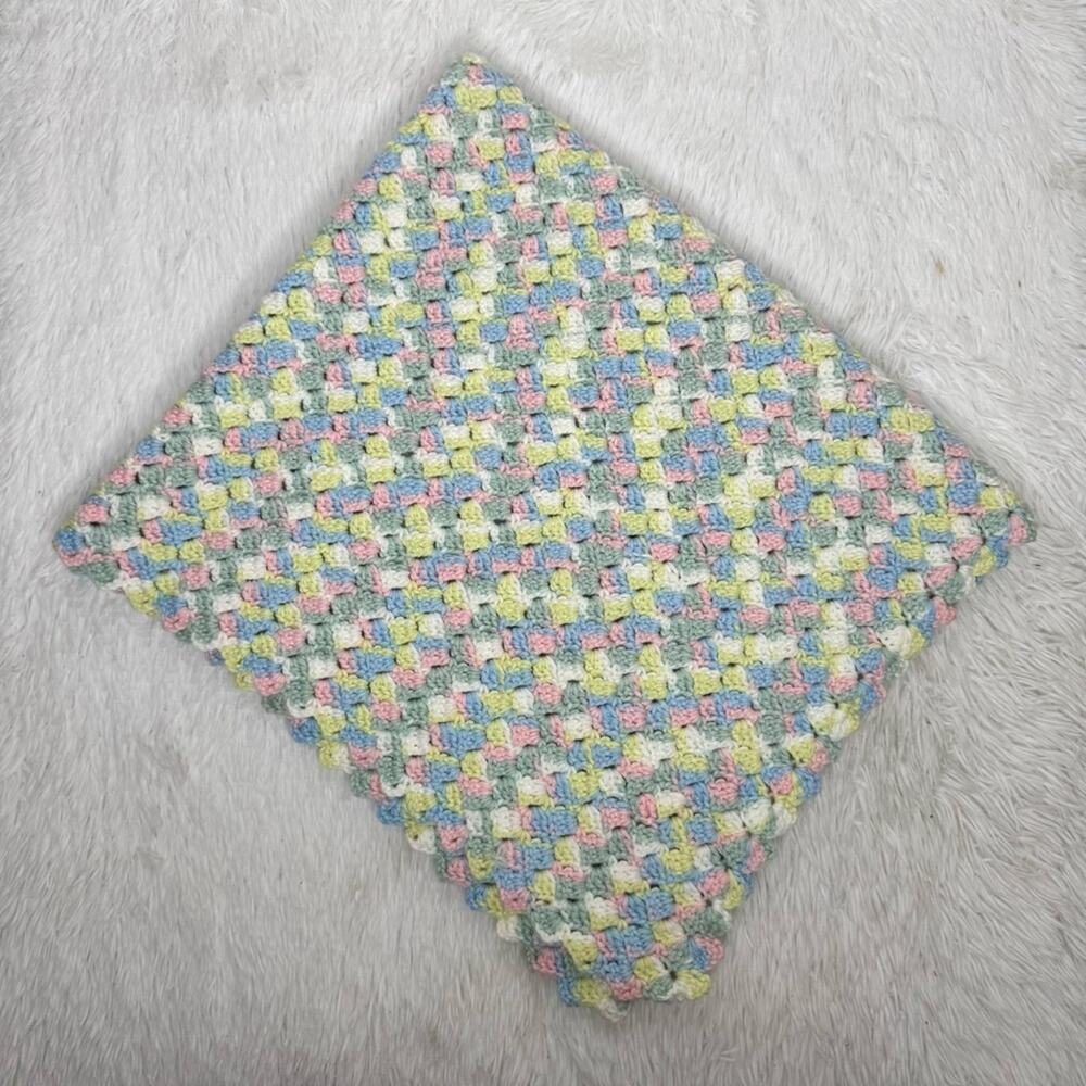 Handmade crocheted pastel pink blue yellow green chunky baby blanket